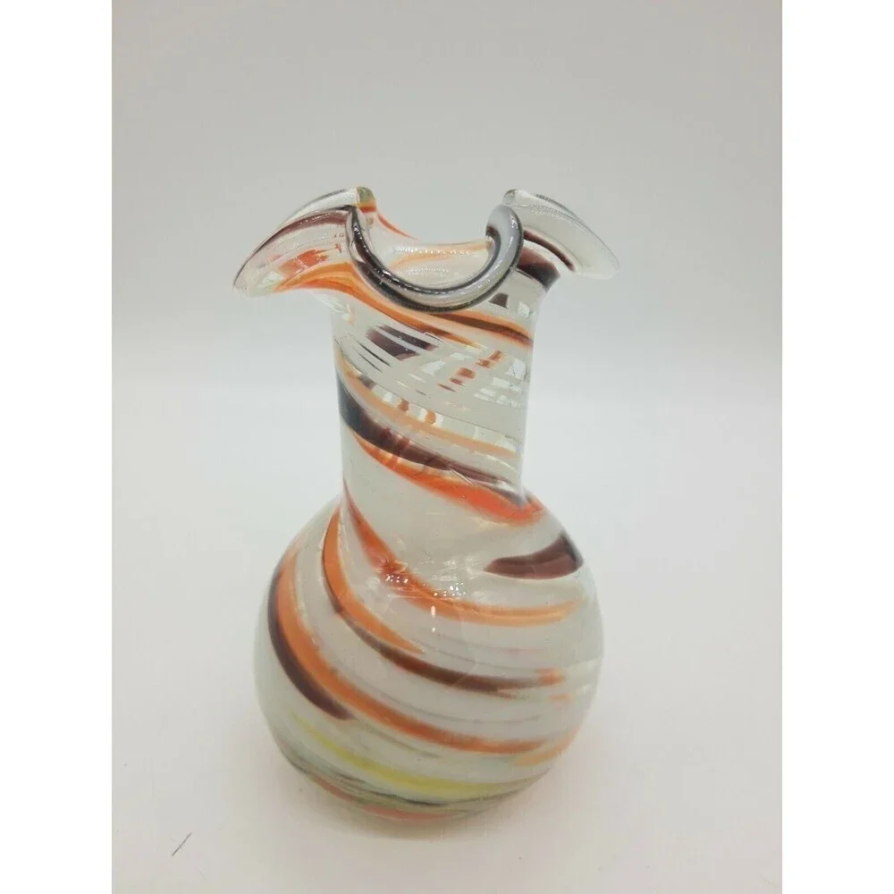 Vtg Vintage Ozark Art Glass Vase Brown Orange Ruffle Edge  5-1/2 Swirl